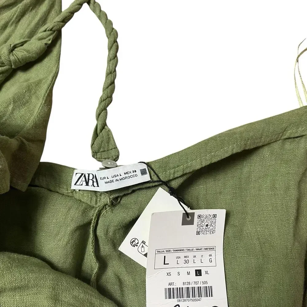 Zara Jumpsuit L Green Linen Palazzo Wide Leg Boho Cropped‎ Lagenlook